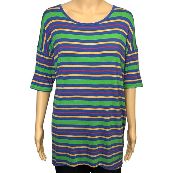 LuLaRoe Women's M Striped Green Blue Yellow Short Sleeve Irma Tunic Blouse Shirt - Picture 1 of 11